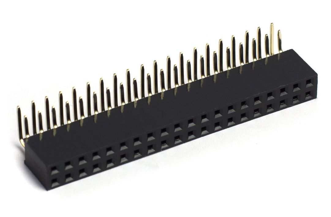 Pin header female pinsocket 2x20 pin 2.54mm pitch bocht 90 graden zwart